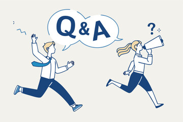QA, question and answer session, FAQ or frequently asked questions, information to solve problem concept, businessman and woman shouting on megaphone as Q and A on speech bubble.