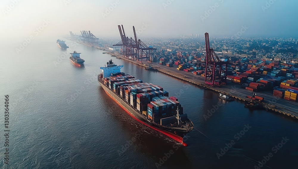 Poster aerial view of cargo ship navigating busy port with containers and cranes in background on hazy morn