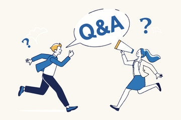 QA, question and answer session, FAQ or frequently asked questions, information to solve problem concept, businessman and woman shouting on megaphone as Q and A on speech bubble.