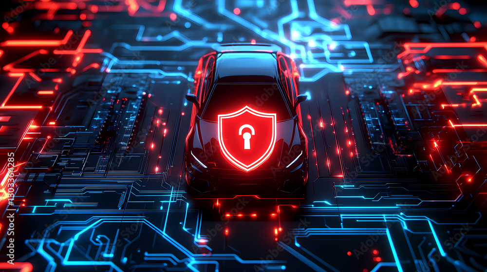 Poster cybersecurity shield for automobile: a sleek car model enveloped by a luminous shield graphic, set a