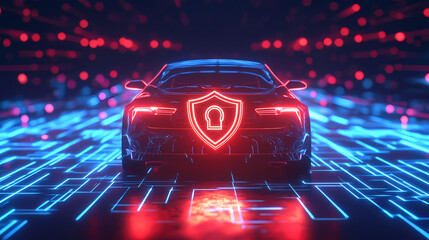 Car Security: Futuristic car showcases digital shield, symbolizing safety and protection in the digital world. This image captures the essence of cybersecurity for vehicles.