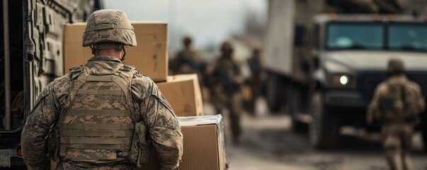 Soldier Carrying Supplies at Military Base