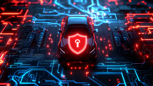 Cybersecurity Shield for Automobile: A sleek car model enveloped by a luminous shield graphic, set against an intricate circuit board background.