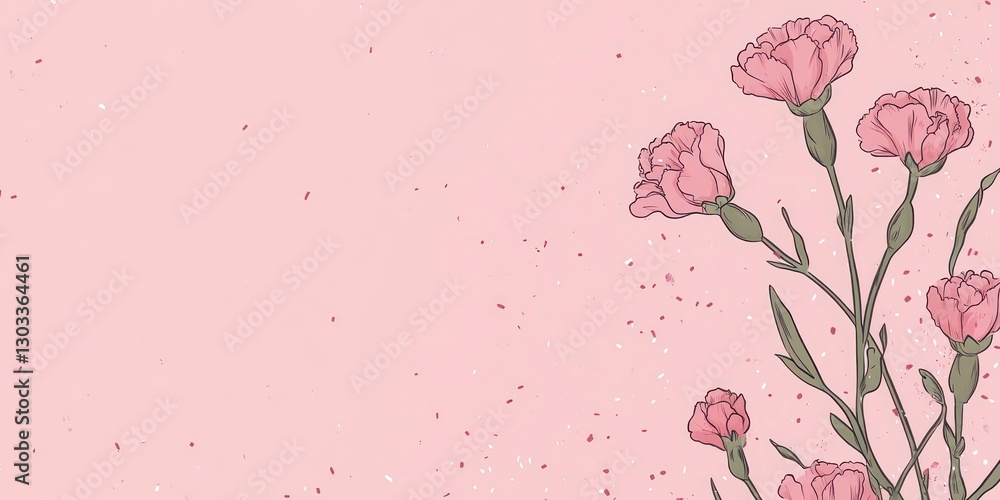 Poster pink background with carnations on the right side, with space for text or graphics. the flowers and 