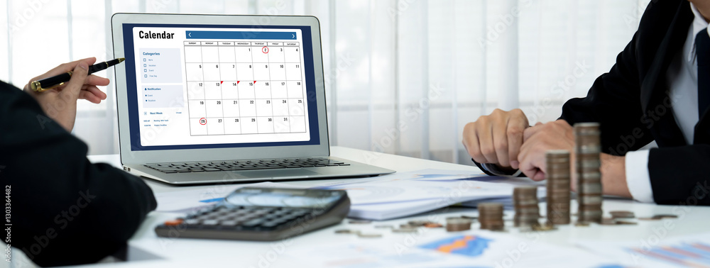 Poster calendar on computer software application for brisk schedule planning for personal organizer and onl