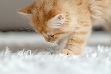 Obraz premium Kitten exploring a white fluffy rug. Perfect for pet care, and domestic animals