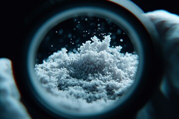 Scientist examines white powder sample with magnifier in dark lab, research use