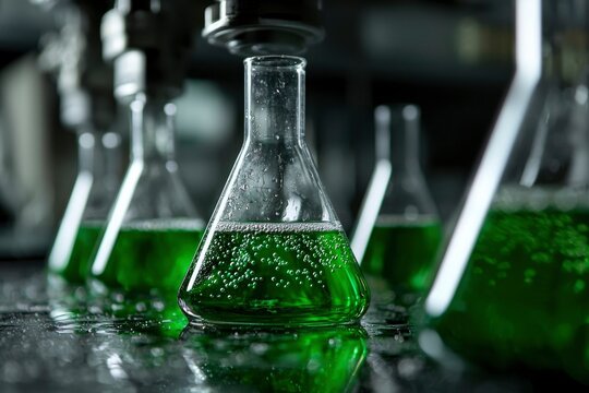 Green liquid in science lab for experiments and research in dark environment