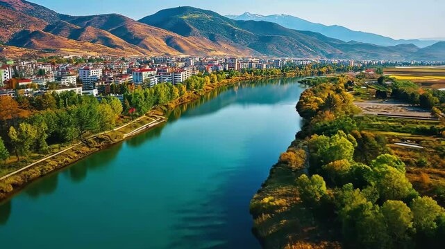 Breathtaking aerial view of Fier, Albania showcasing its serene river landscape and surrounding mountains, Aerial view around the city Fier in Albania on an early sunny morning in autumn