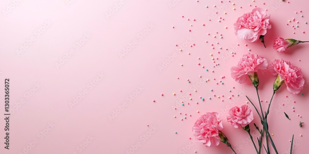 Poster pink background with carnations on the right side, with space for text or graphics. the flowers and 