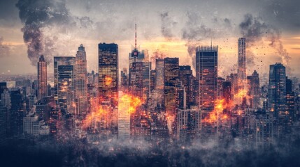 Obraz premium Apocalyptic Cityscape: A Burning Metropolis Under Siege