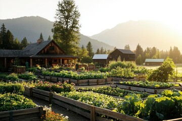 Vegetable garden near wood house at farm with mountains backdrop for organic food ads