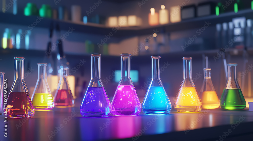 Poster illuminating discovery: a vibrant array of glowing lab beakers filled with colorful liquids, illumin