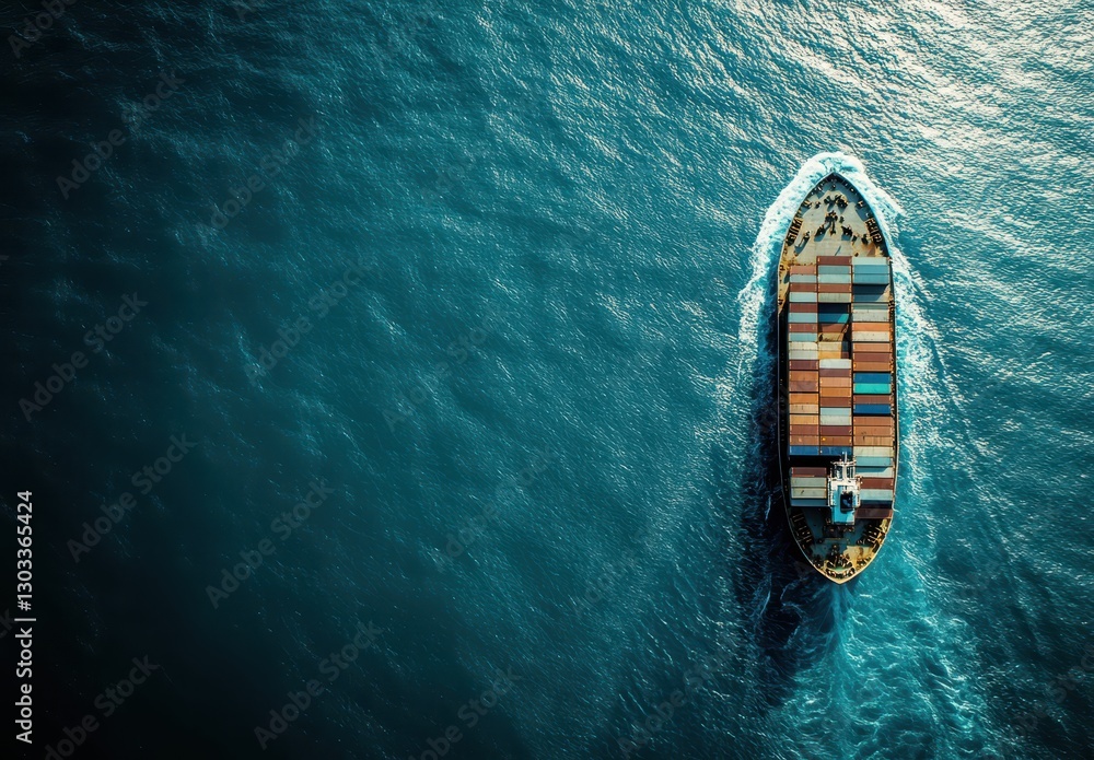 Poster aerial view of cargo ship with colorful containers navigating through deep blue ocean waters surroun