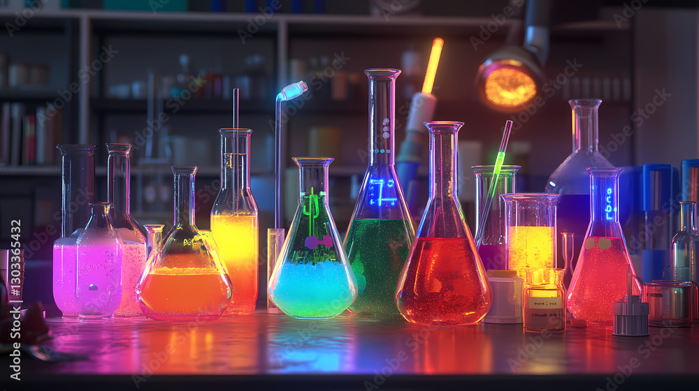 Poster luminous laboratory:a vibrant array of glowing beakers, flasks, and test tubes filled with colorful 