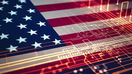 Data processing visualizations over the United States flag symbolizing technology and patriotism, data processing over flag of usa - Powered by Adobe