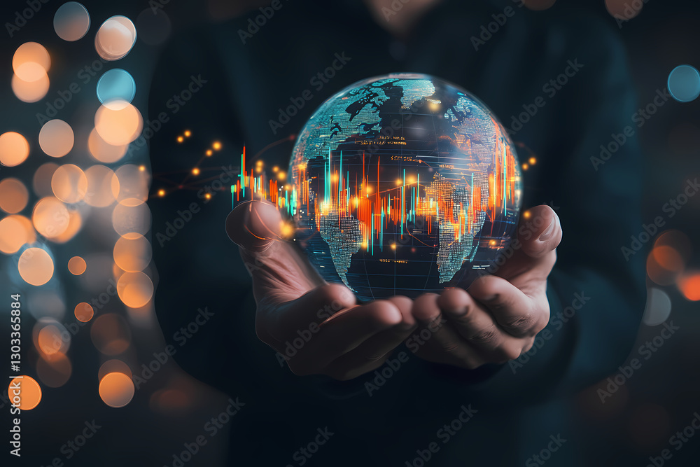Poster global network in hands: a person holding a glowing globe with data visualizations, representing glo