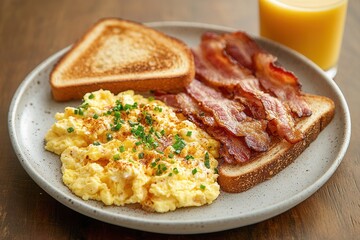 Breakfast spread on a rustic wooden table with warm light featuring scrambled eggs, toast, bacon, and orange juice.healthy breakfast, proper breakfast, light breakfast snack