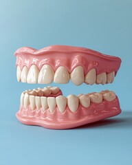 Obraz premium Complete Set of Artificial Dentures on a Light Blue Background Showing Dental Prosthetic Appliance