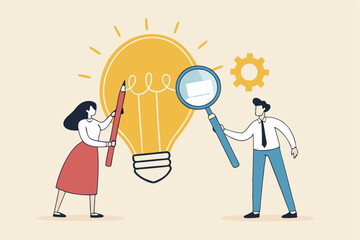 Business viability checking, feasibility study by market research to see possibility to success in real world, evaluate profitable of business idea, businessman with magnifier analyze lightbulb idea.