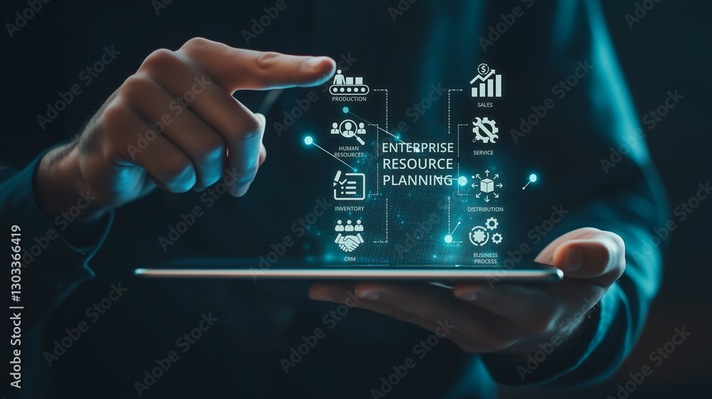 Poster advanced enterprise resource planning description: a professional uses a tablet to control a hologra