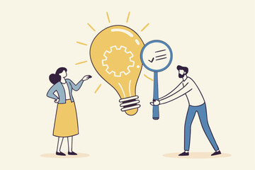 Business viability checking, feasibility study by market research to see possibility to success in real world, evaluate profitable of business idea, businessman with magnifier analyze lightbulb idea.