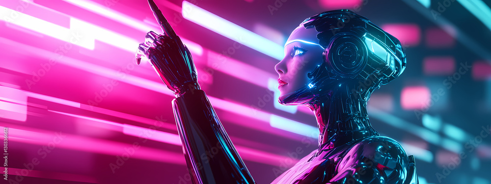 Poster futuristic ai: a sleek, androgynous robot with glowing accents interacts with a digital interface in