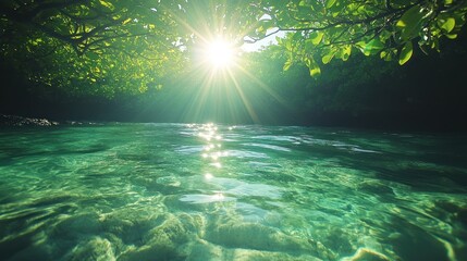 Obraz premium Sun shining through lush green foliage over crystal clear water.