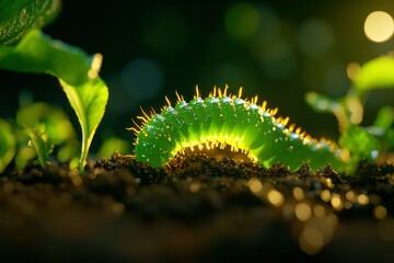 Naklejka premium Caterpillar eating green plants in a garden with sun flares for nature use
