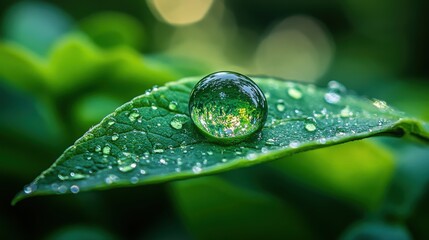 Enchanting Water Droplet on a Leaf Surface after Rain Showers in a Lush Green Environment Outdoors