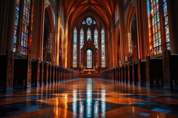 Interior View of Elegant Cathedral with Stained Glass Windows and Rows of Seating Benches Structure