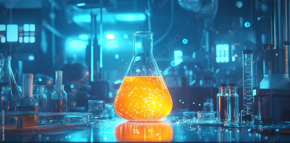 Poster illuminated conical flask: a striking conical flask containing a vibrant orange substance sits cente
