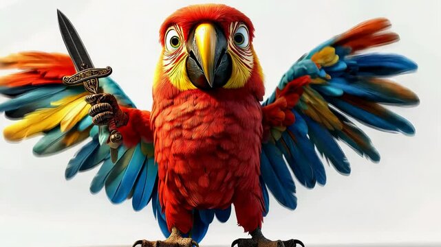 Colorful pirate parrot brandishes dagger while showcasing vibrant feathers in a playful adventure