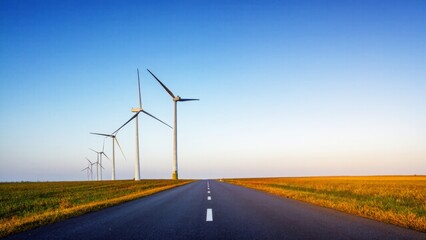 A long, empty road leads through a field with wind turbines, set against a bright blue sky. This image emphasizes clean energy and modern technology