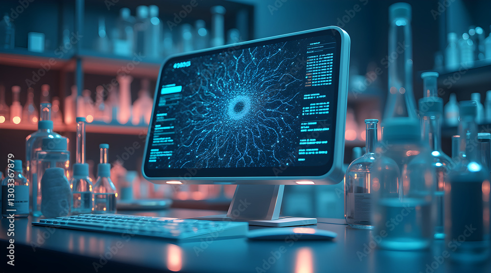 Poster futuristic blue science lab computer displaying advanced digital data interface for cutting edge sci