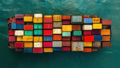 Fototapeta premium Aerial View of Colorful Shipping Containers on a Cargo Ship in a Blue Ocean