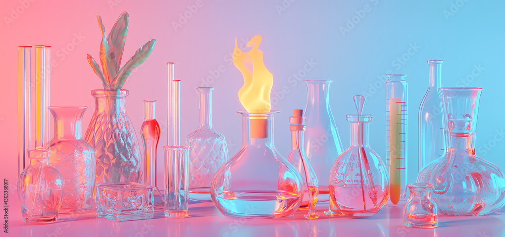 Poster illuminated labware: artistic composition of glass labware, meticulously arranged and illuminated wi