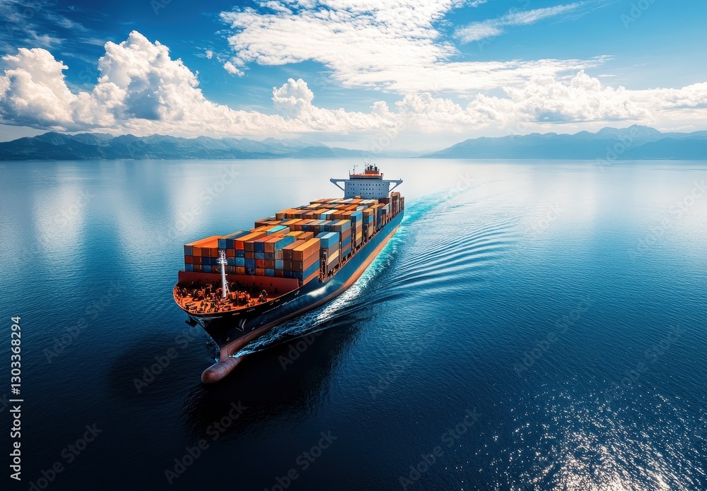 Poster aerial view of container ship navigating calm blue waters under bright sky with fluffy clouds and mo