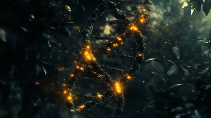 Biotechnology engineering 3d DNA molecule helix glowing structure strand. RNA, DNA, gene, genetic mutation, genetic cloning, microbiology technology