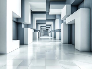 Obraz premium Abstract hallway with geometric white and grey blocks. Ideal for architecture, design, and futuristic concepts.