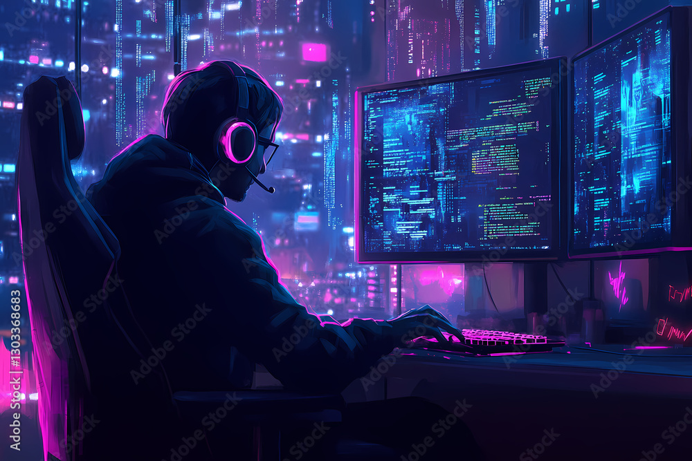 Poster cyberpunk programmer: a person, immersed in a futuristic cityscape, intensely coding with neon light