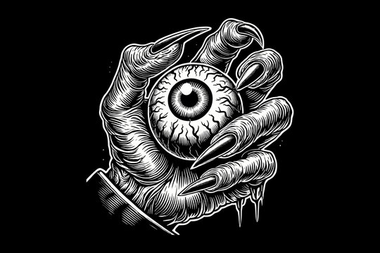 Dark art illuminati eye on hand black and white illustration