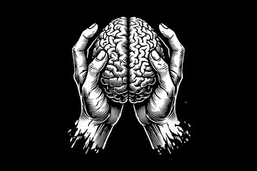 hand holding brain tattoo Dark art black and white illustration