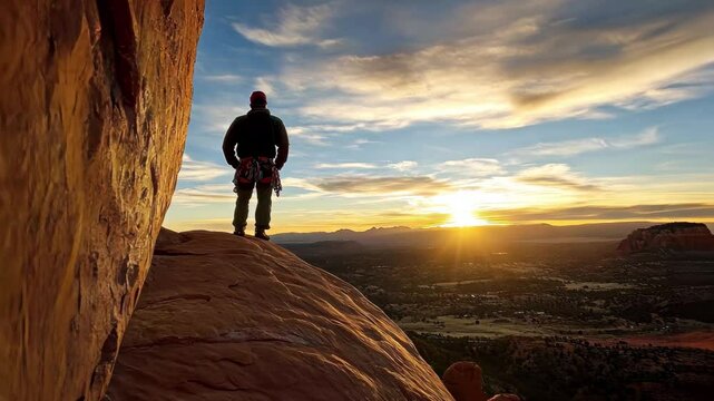 Swooping shot around rock climber at sunset over stunning landscape, Beautiful swooping shot around rock climber at sunrise wide