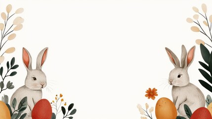 Watercolor Easter Rabbits with Eggs and Greenery