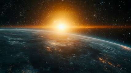 Obraz premium earth and sun rising from space with glowing lights.