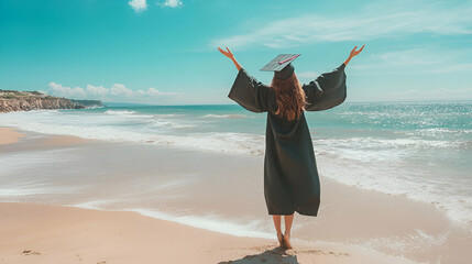 A graduate celebrates their achievement on a beach, arms raised against a bright blue sky and ocean waves.