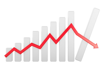 Bar Chart with growth red arrow and crash in the end, 3D rendering isolated on transparent background