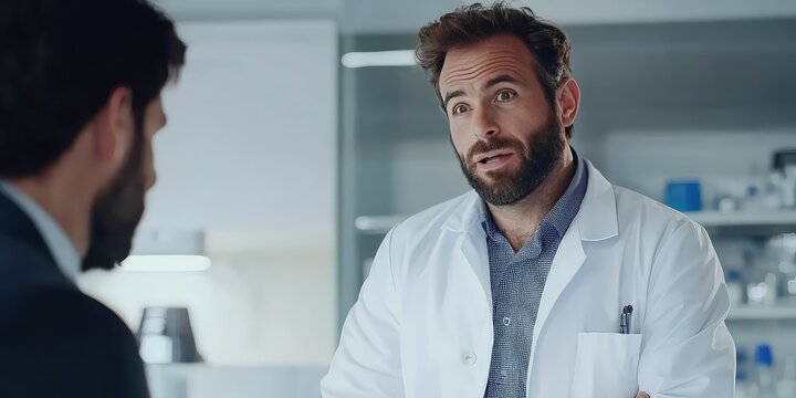 Professional doctor explaining lab results to a male patient in a modern clinic