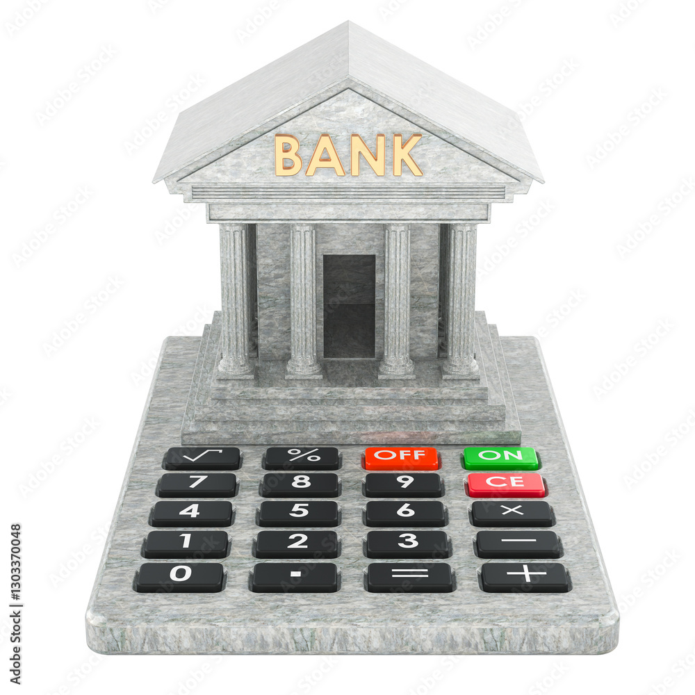 Poster bank building with calculator, 3d rendering isolated on transparent background